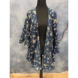 Blue Floral Ruffle Kimono Cardigan Lightweight Open Front Size XL